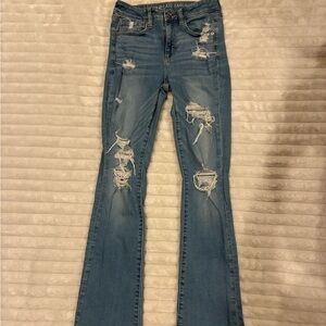 American Eagle Light Blue Distressed High Waisted Flare Jeans